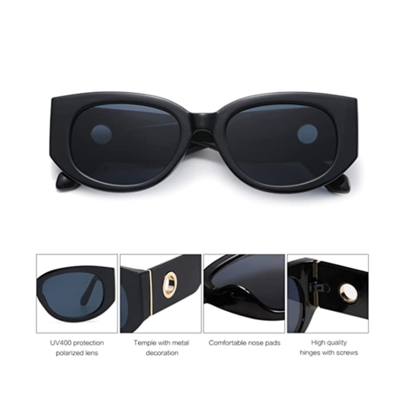 Sunglasses for Women Cat Eye Rectangle Thick Chic Frame Black - Picture 5 of 7